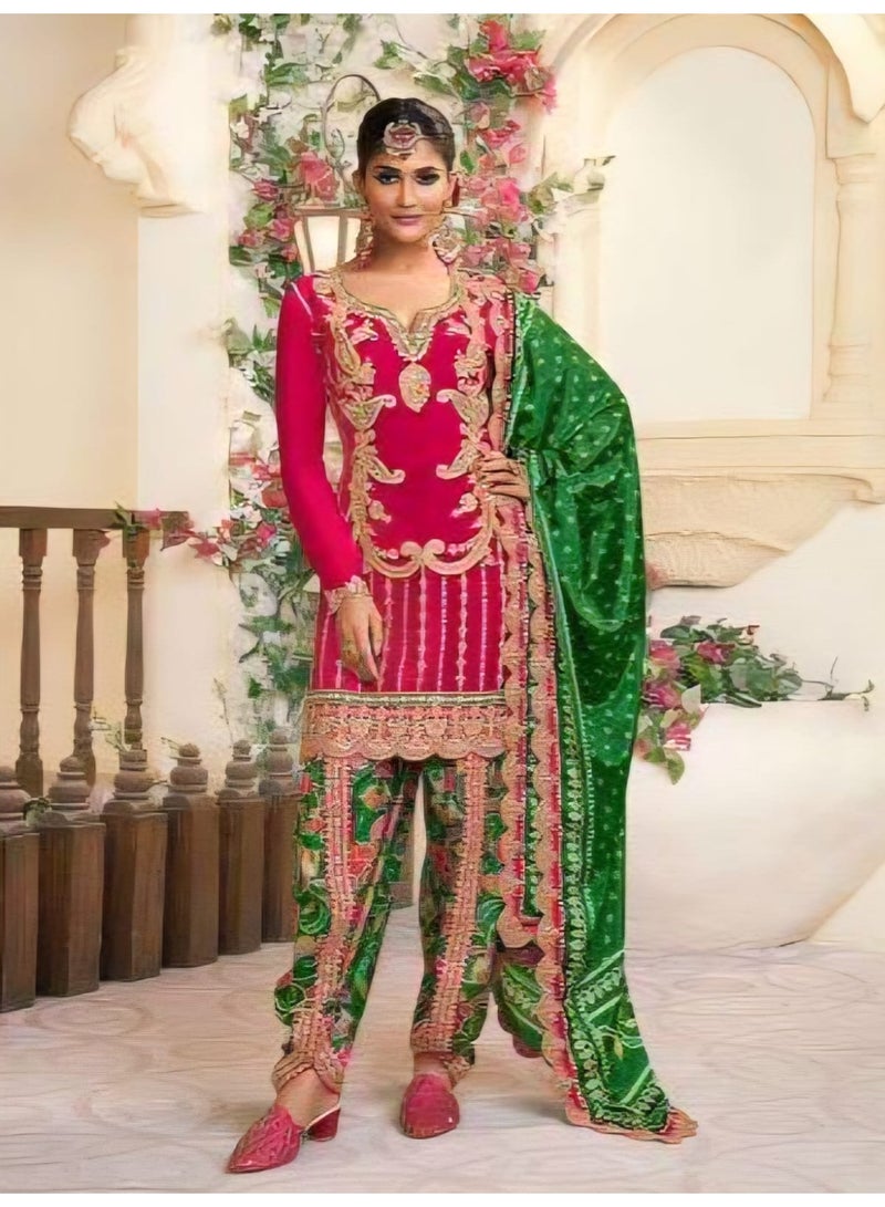 Grab Mantra Readymade Pink Colour Silk Suit With Green Printed Dhoti Salwar Plus Dupatta - Image 1